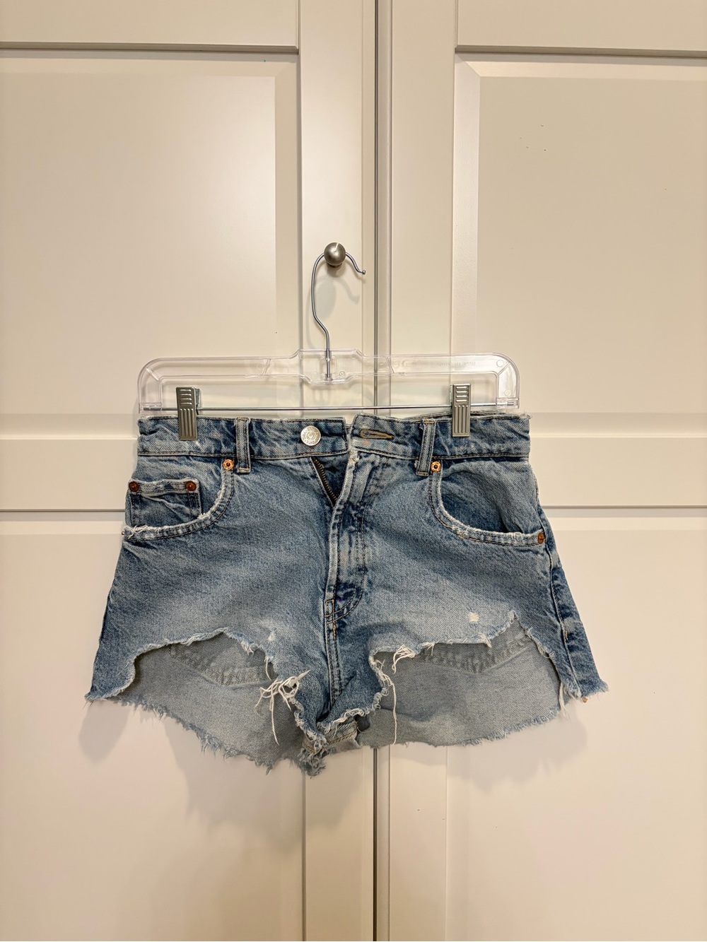 ZARA Distressed High-Waist Denim Shorts - Light Blue